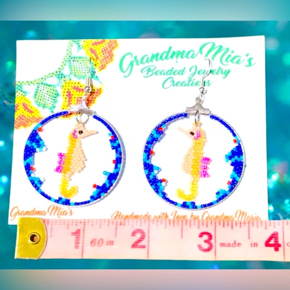 Ocean Elegance: Handcrafted Coral Reef Seahorse Beaded Hoop Earrings - Picture 3 of 6